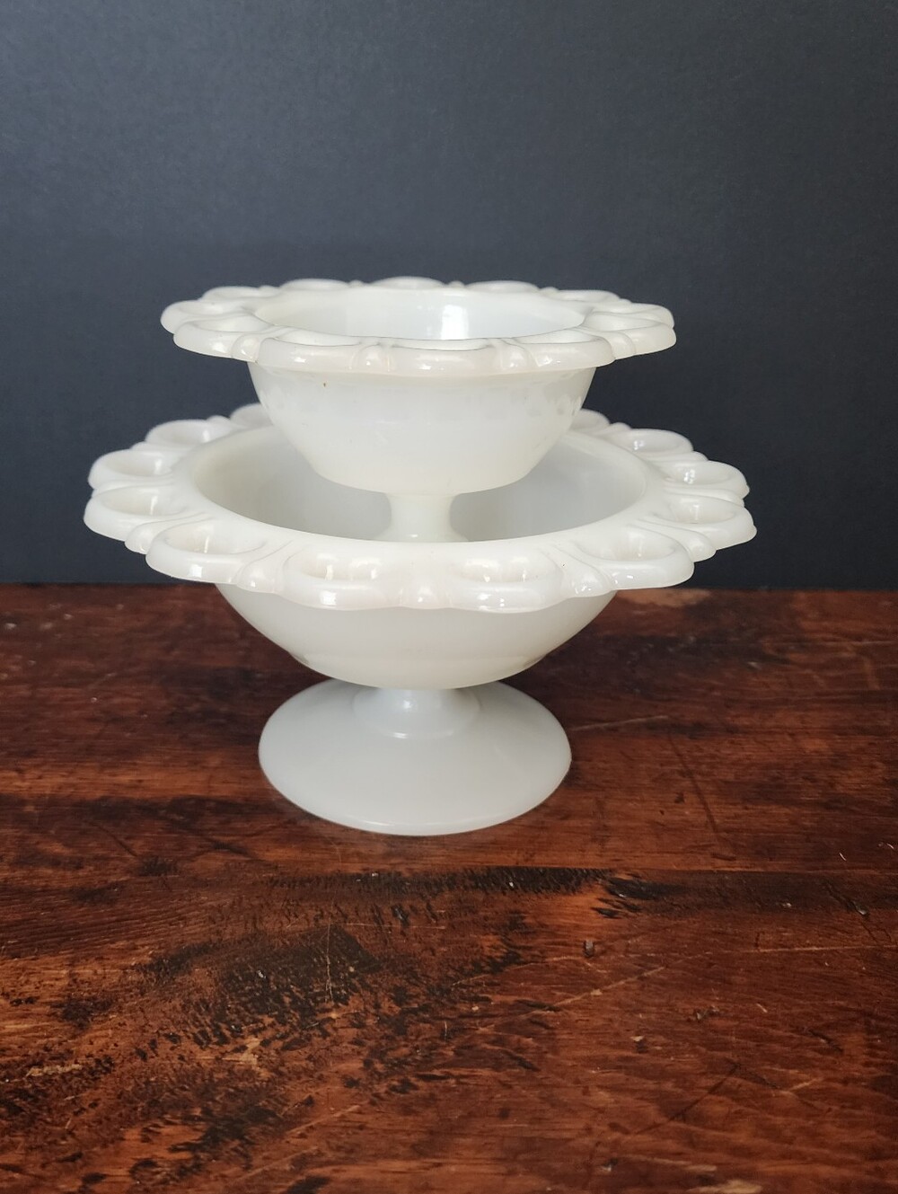 Colony Heart Lace Edge Milk Glass Pedestal Compotes Set of 2 Unmarked 7" 5"